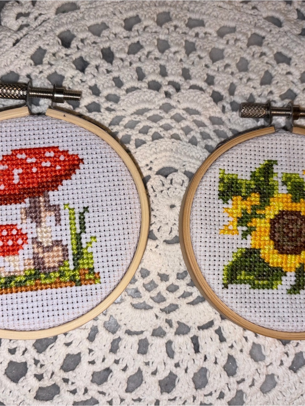 Handmade Miniature 3.5” diameter Cross Stitch Mushroom & Sunflower Hoops